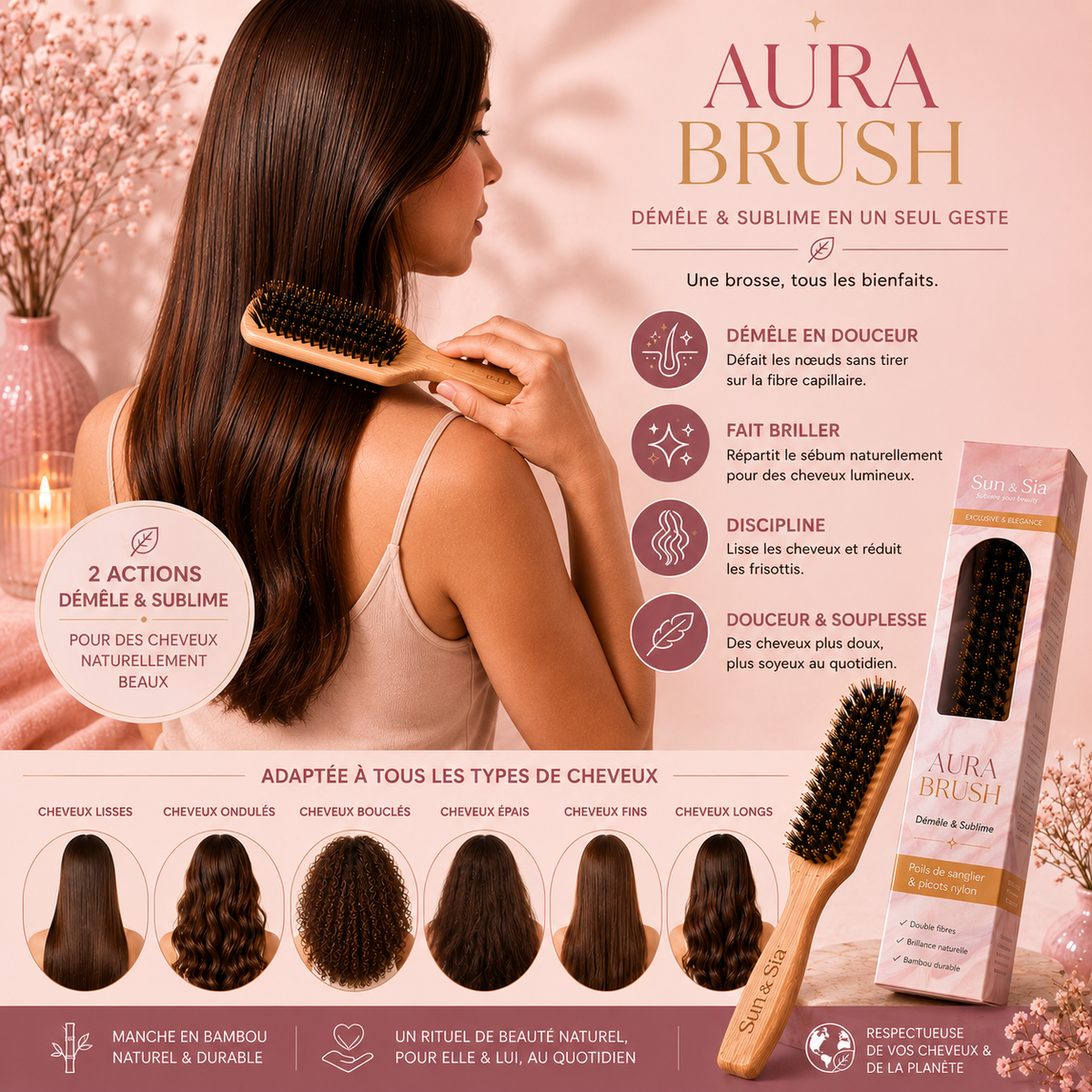 Brosse Aura - Démêle, lisse & sublime les cheveux