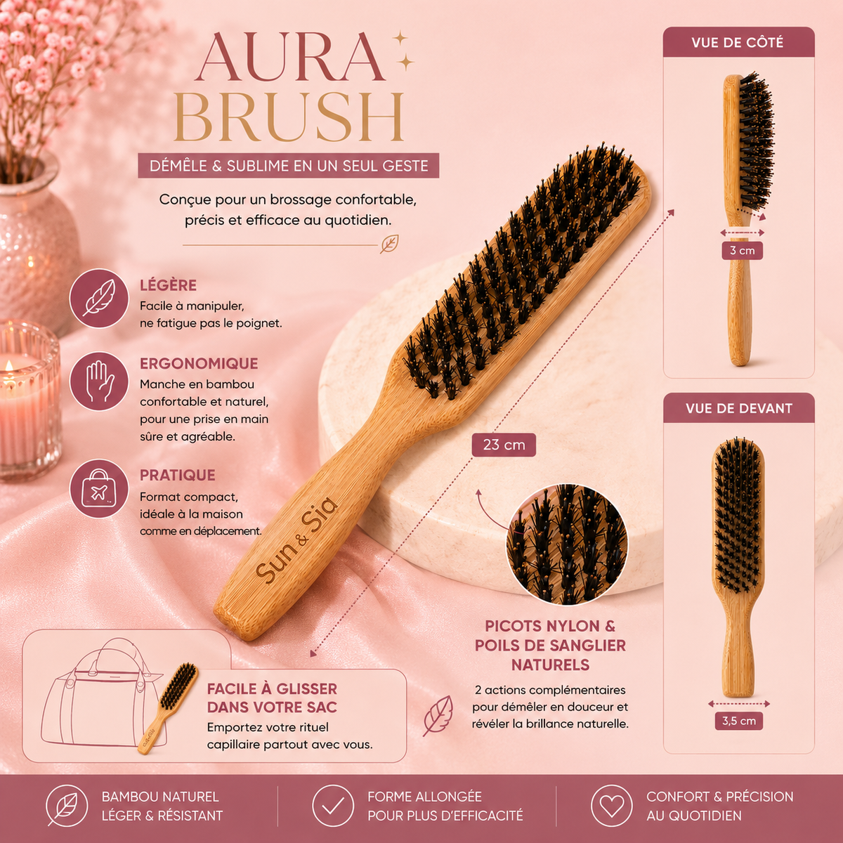 Brosse Aura - Démêle, lisse & sublime les cheveux
