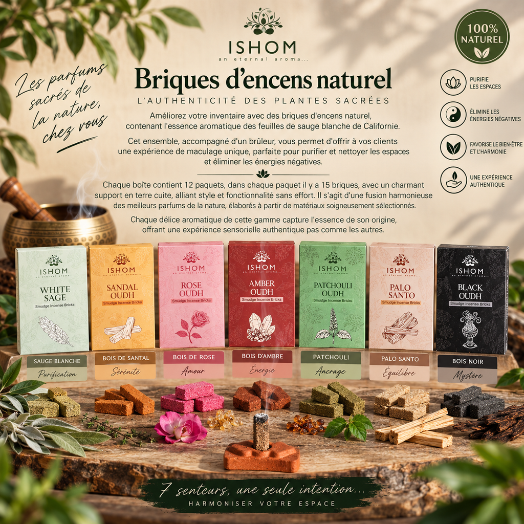 Briques d'encens naturel & support en terre cuite - 7 senteurs