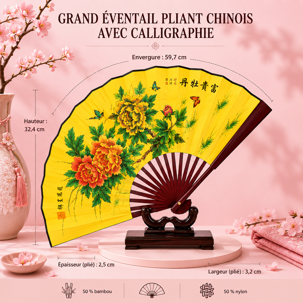 Grand éventail pliant chinois avec calligraphie - 6 modèles