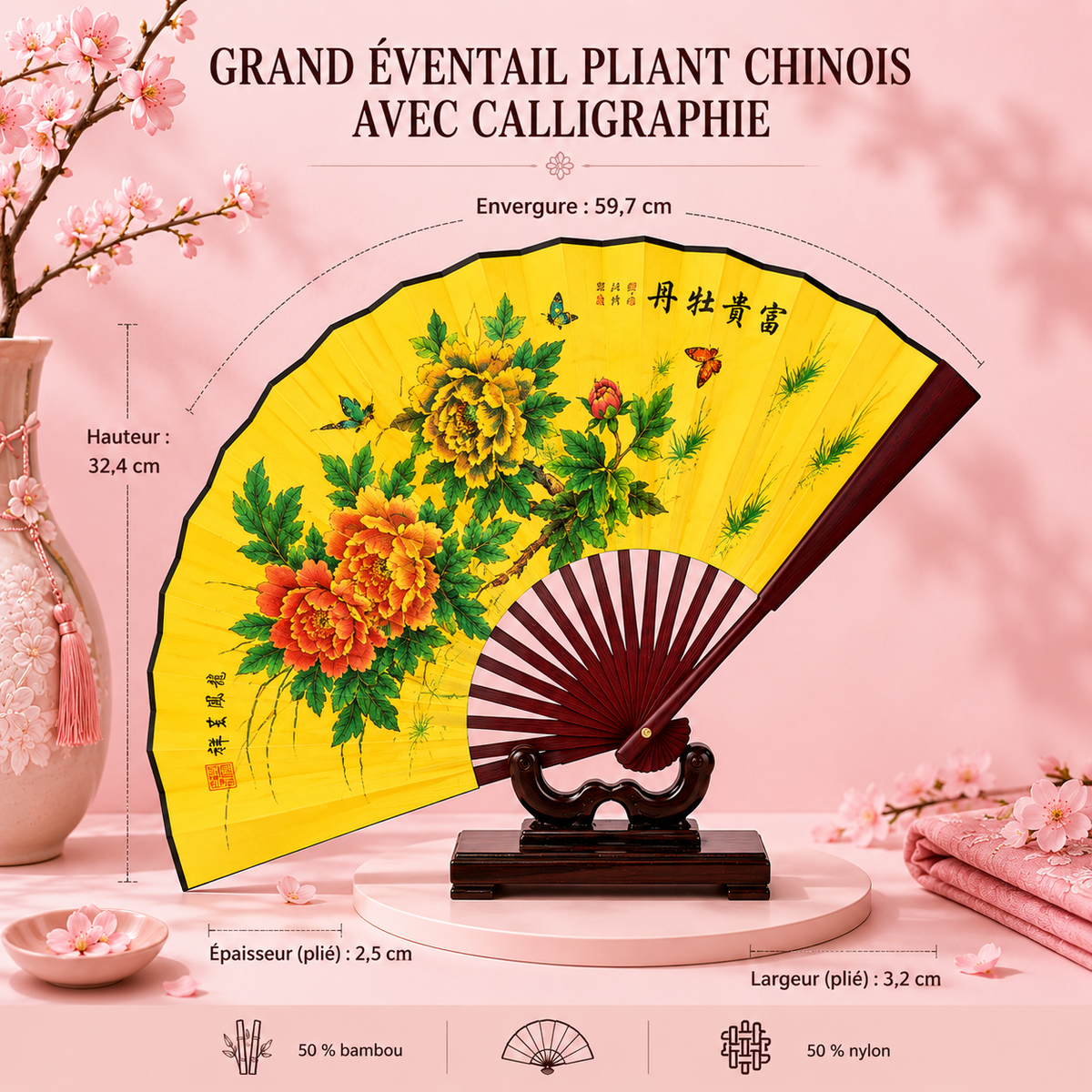 Grand éventail pliant chinois avec calligraphie - 6 modèles