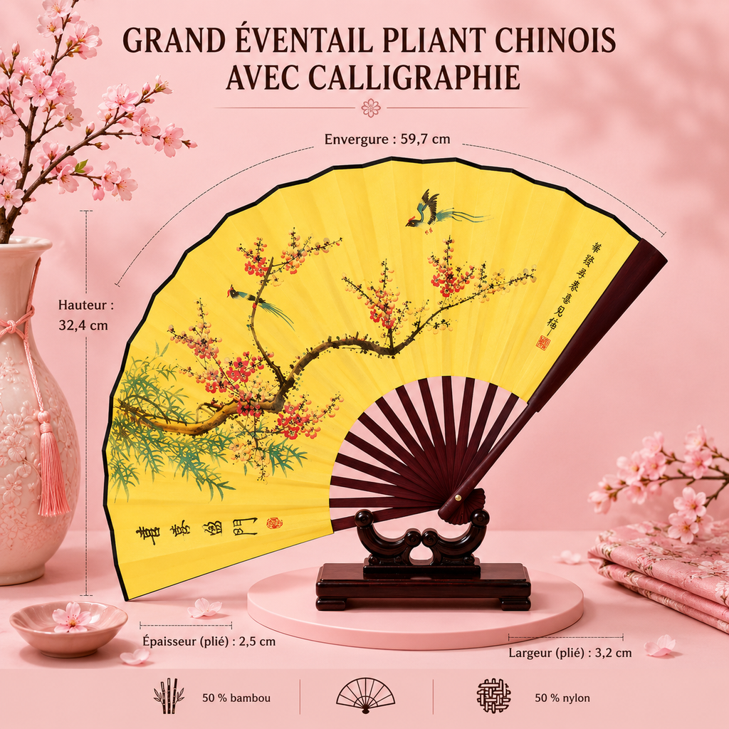Grand éventail pliant chinois avec calligraphie - 6 modèles