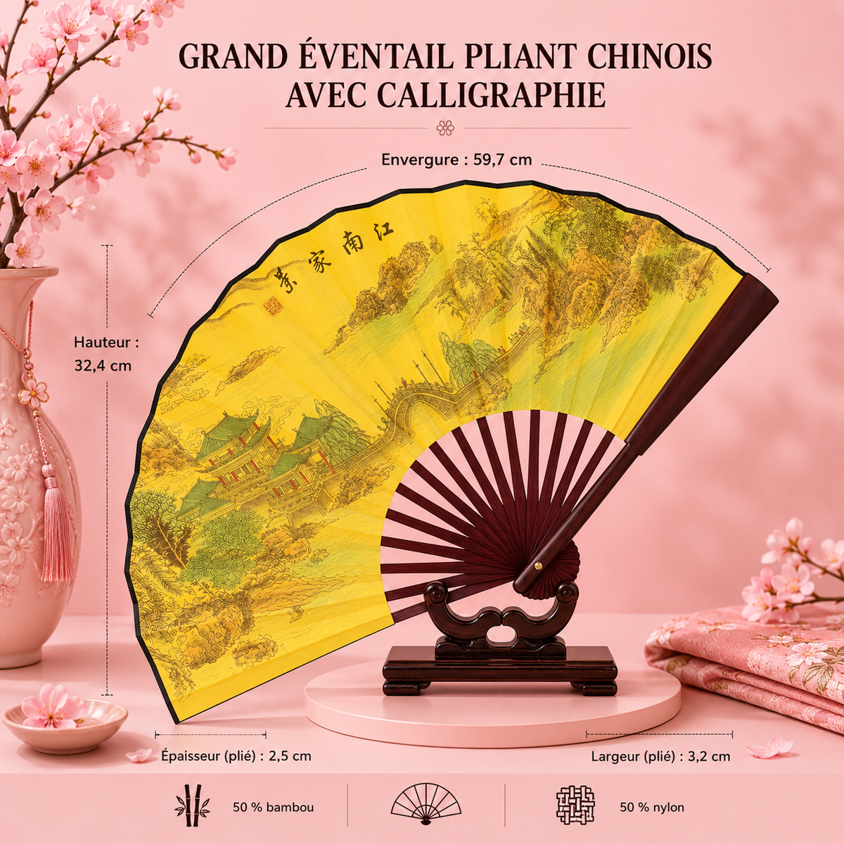 Grand éventail pliant chinois avec calligraphie - 6 modèles