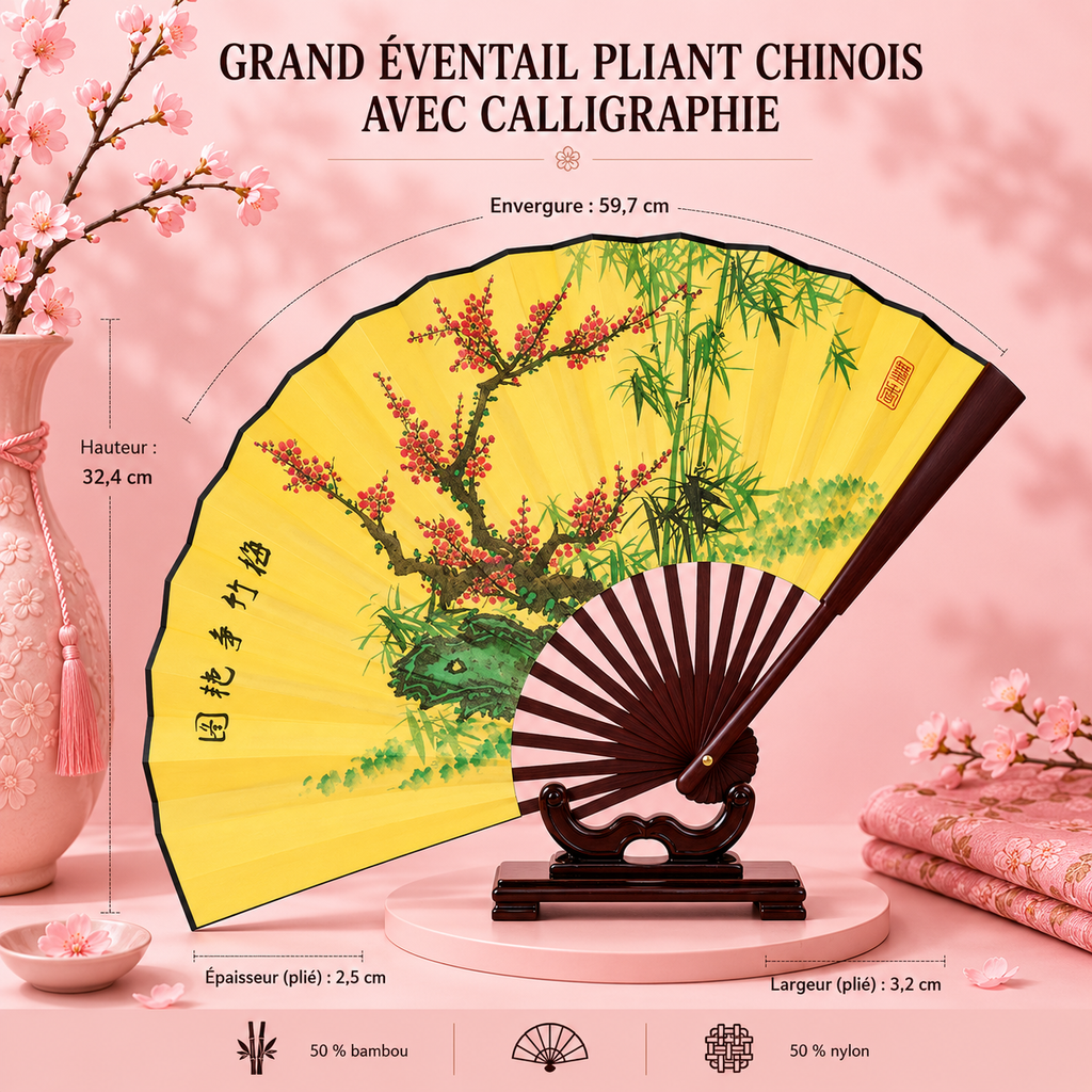 Grand éventail pliant chinois avec calligraphie - 6 modèles