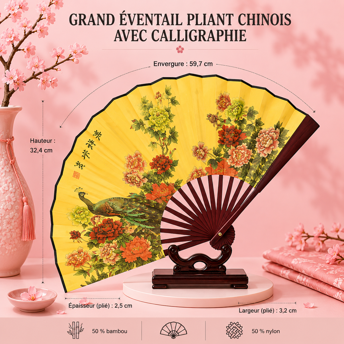 Grand éventail pliant chinois avec calligraphie - 6 modèles