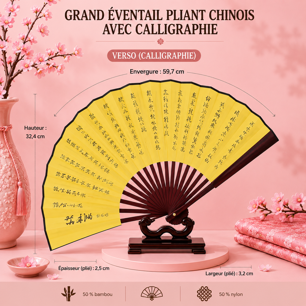 Grand éventail pliant chinois avec calligraphie - 6 modèles