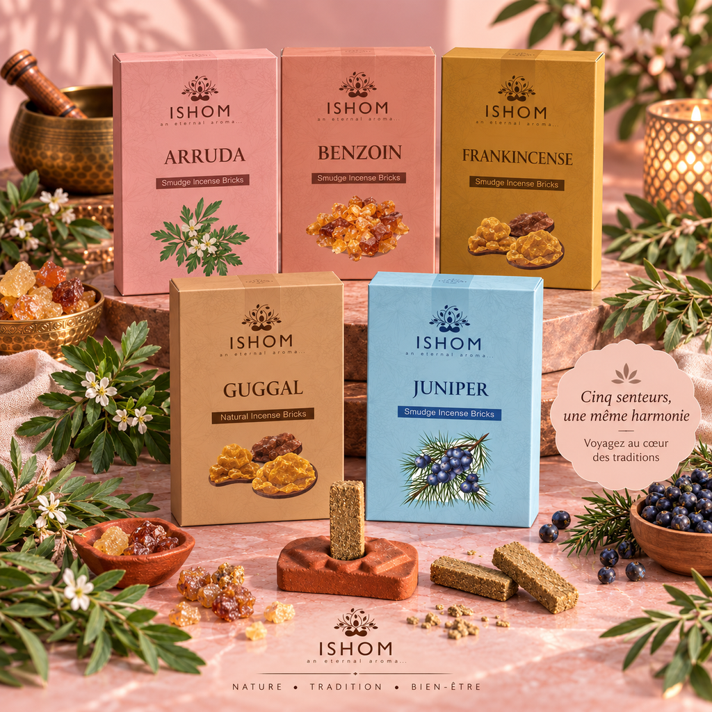 Briques d'encens naturel & support en terre cuite - 5 senteurs