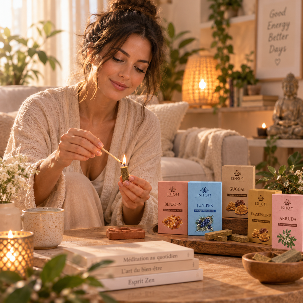 Briques d'encens naturel & support en terre cuite - 5 senteurs