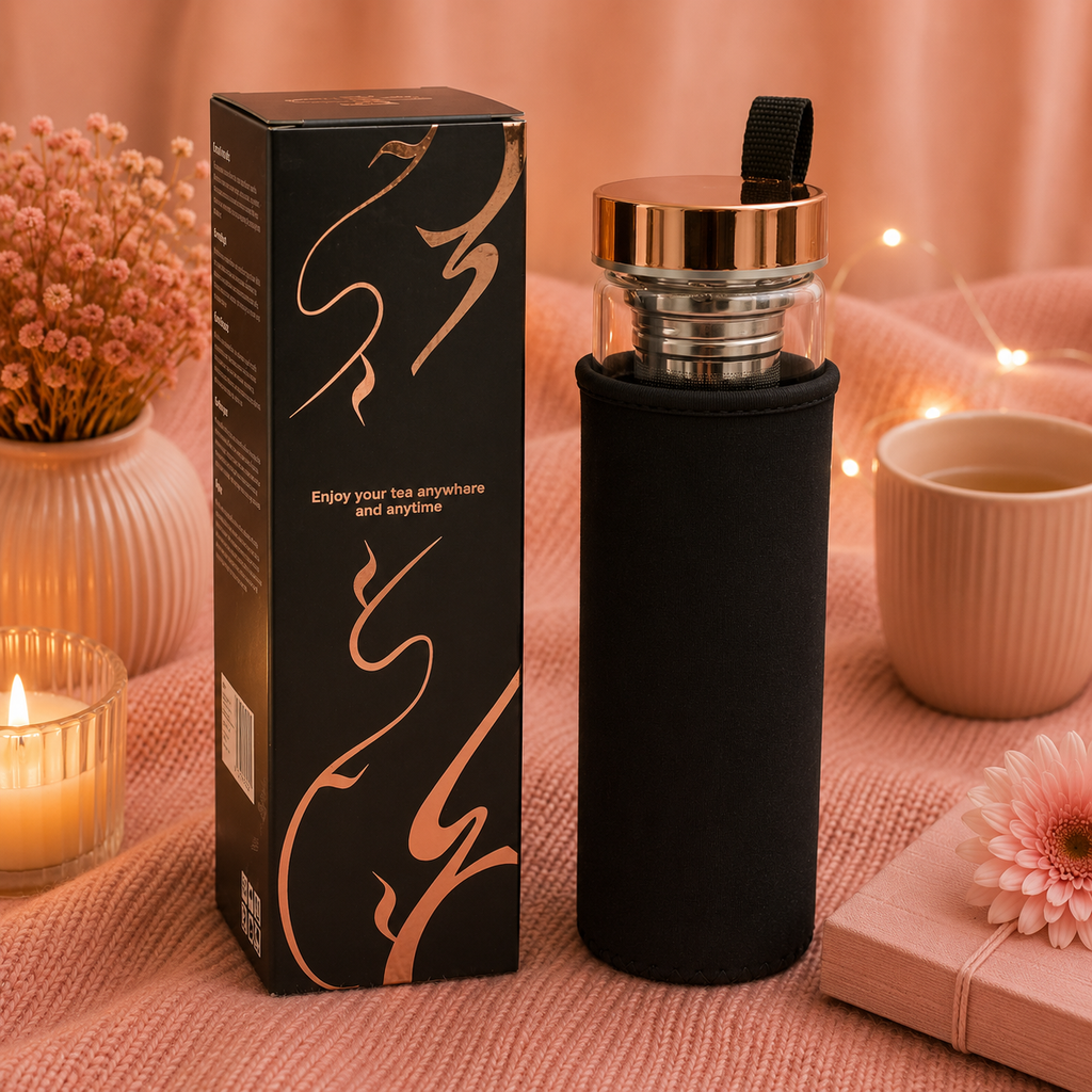 Bouteille infuseur à thé en verre de cristal - Or rose - Onyx noir