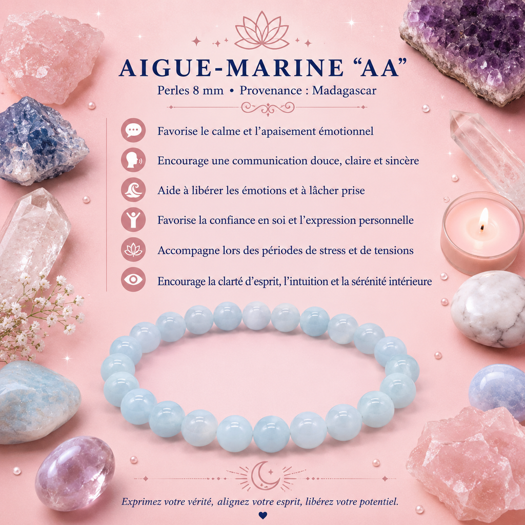 Bracelet Aigue-Marine AA – Perles 8 mm