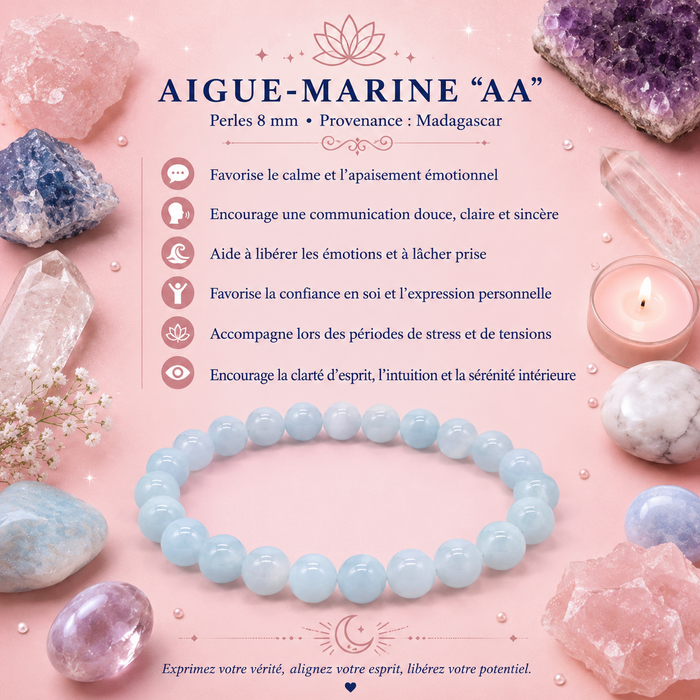 Bracelet Aigue-Marine AA – Perles 8 mm