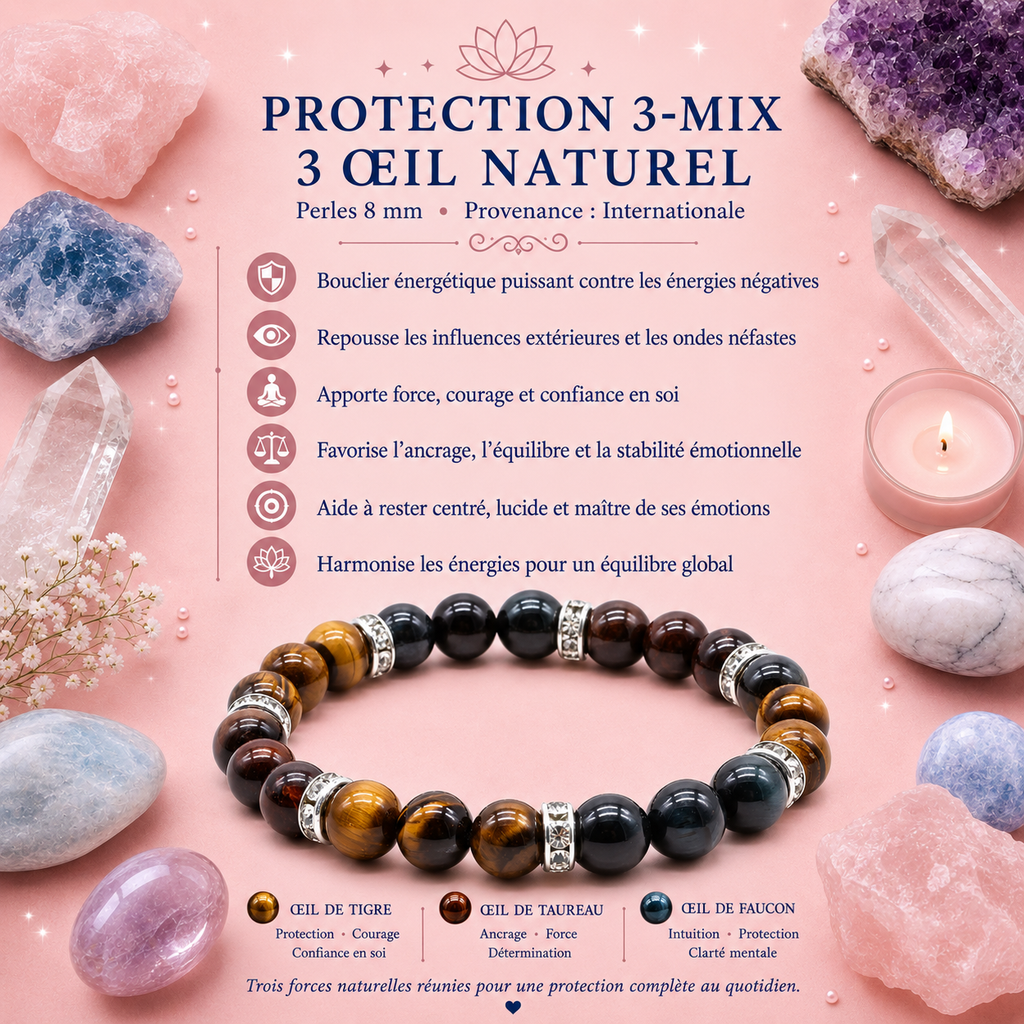 Bracelet protection 3-mix - Trio Œil de tigre, œil de taureau, œil de faucon – Perles 8 mm