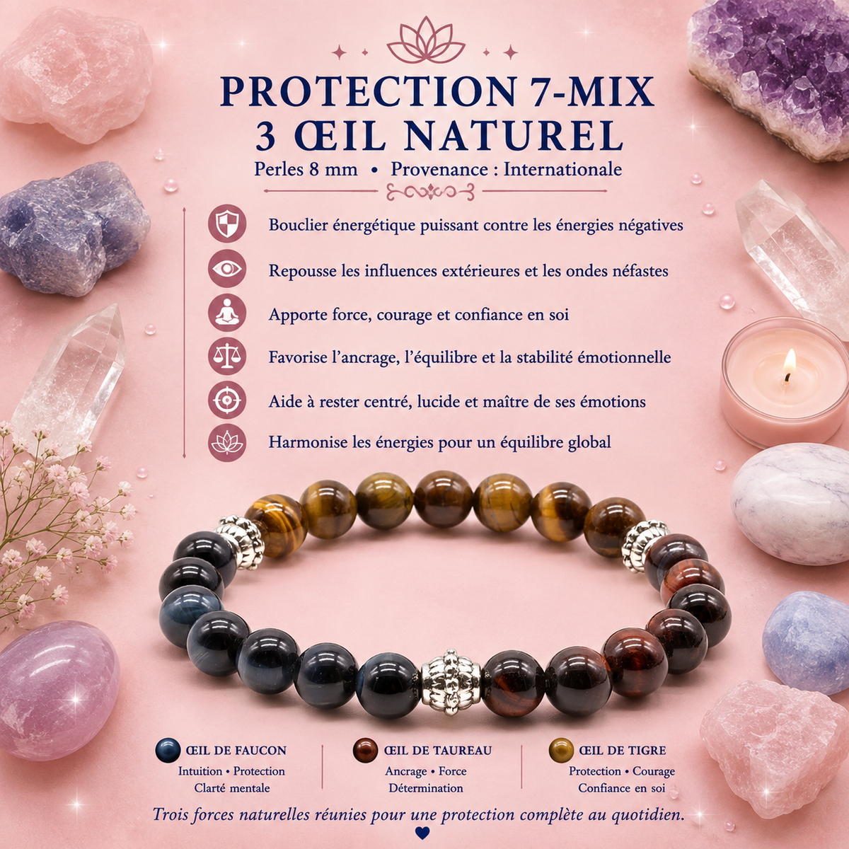 Bracelet protection 7-mix - Trio Œil de tigre, œil de taureau, œil de faucon – Perles 8 mm