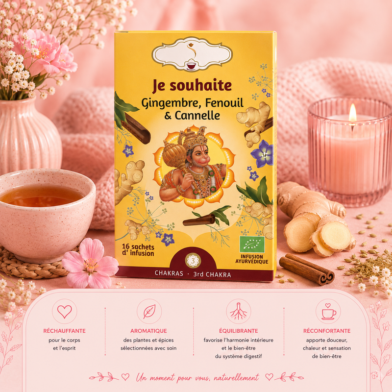 Tisane bio matinale "JE SOUHAITE" - Moment de détente après repas - 3e chakra