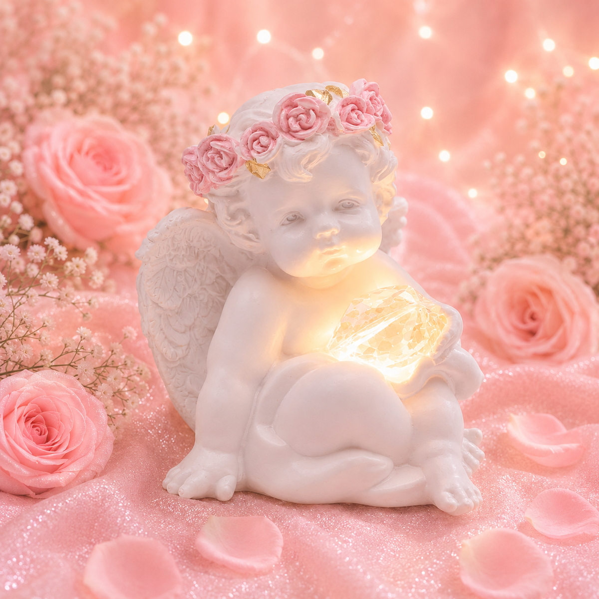 Ange lumineux assis - Couronne de roses