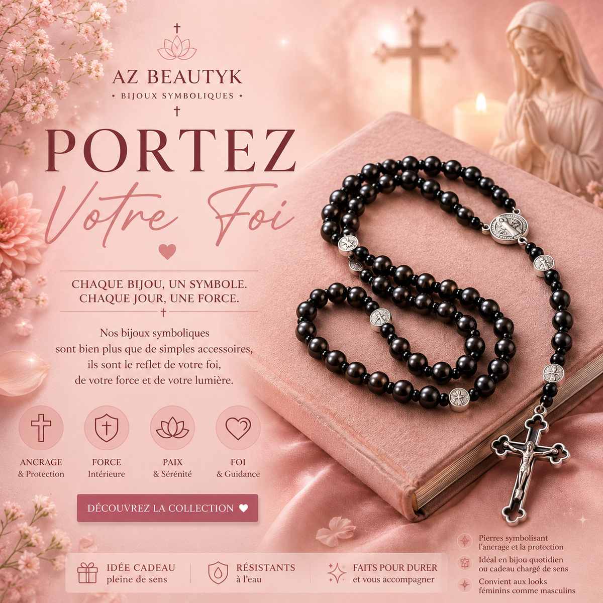 Collier chapelet croix en pierre biliaire volcanique noire (plusieurs variantes)