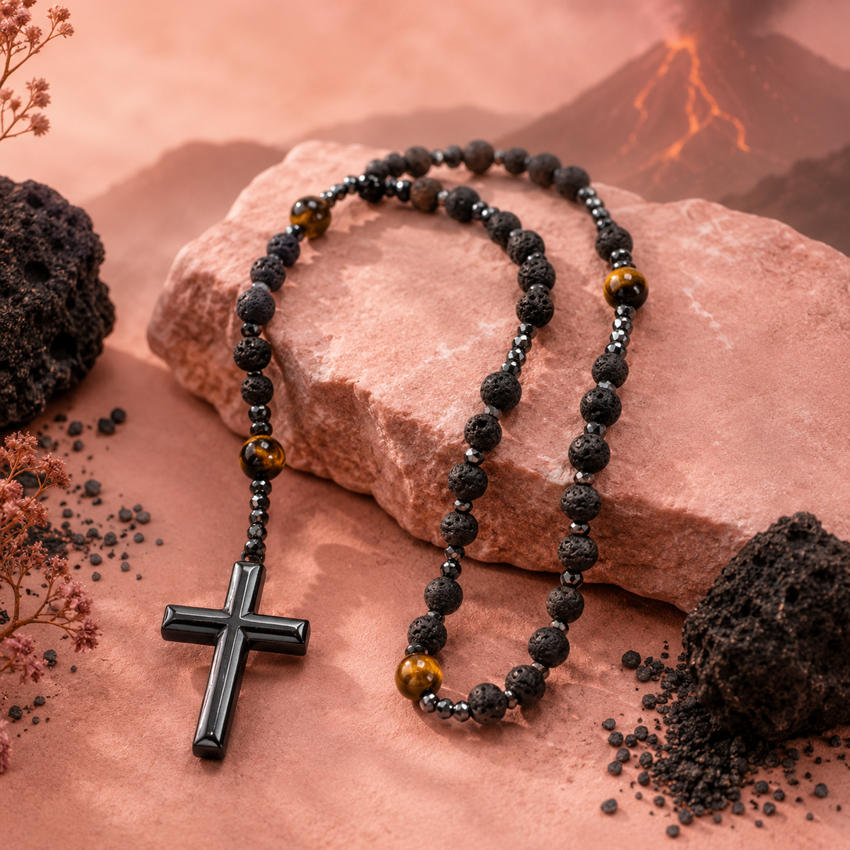 Collier croix en fer en forme d'œil de tigre jaune – Roche volcanique (plusieurs variantes)