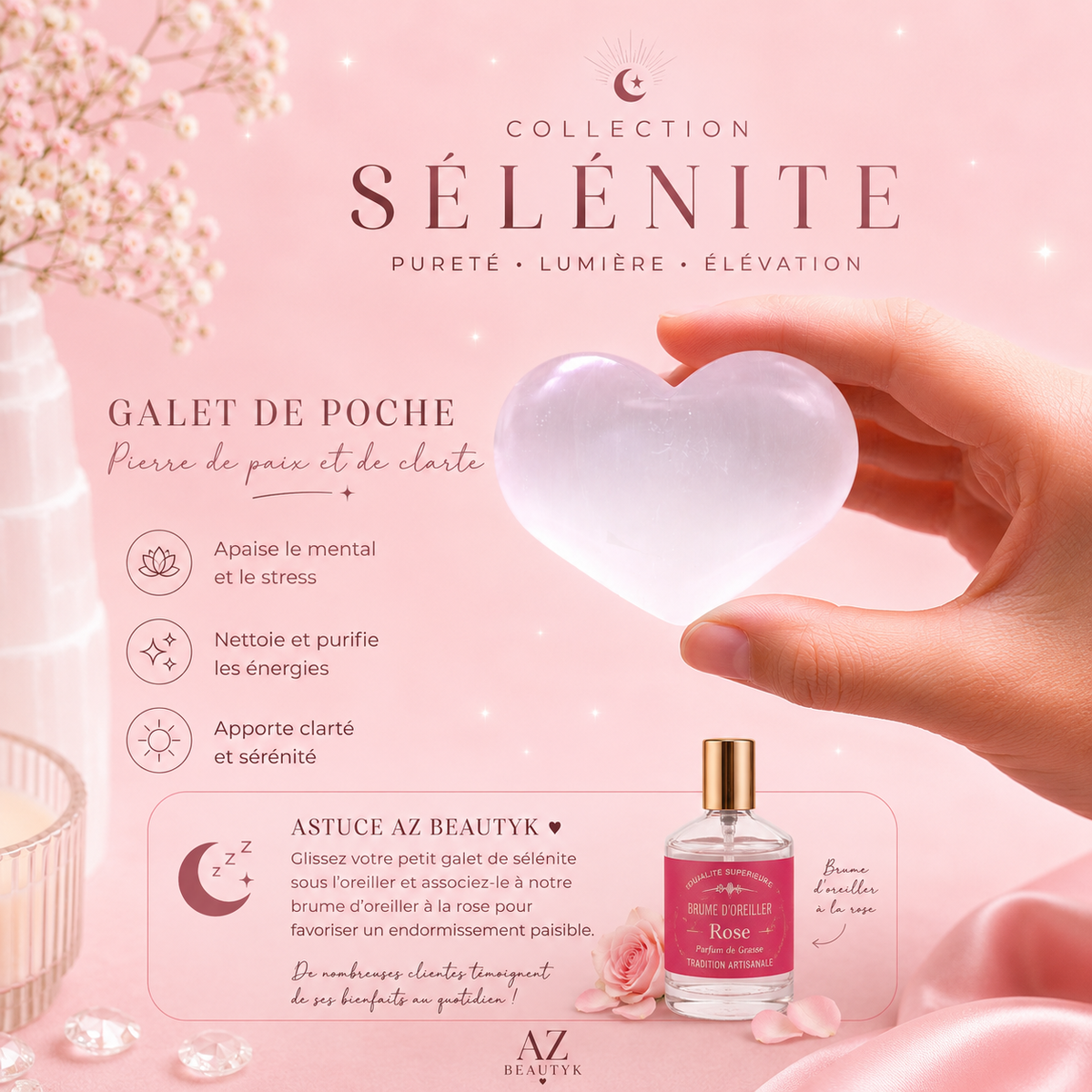 Cœur de sélénite polie - 4 tailles