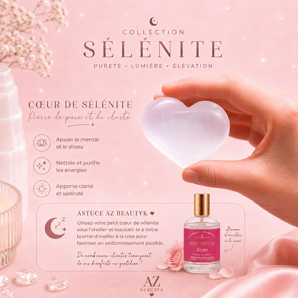 Cœur de sélénite polie - 4 tailles
