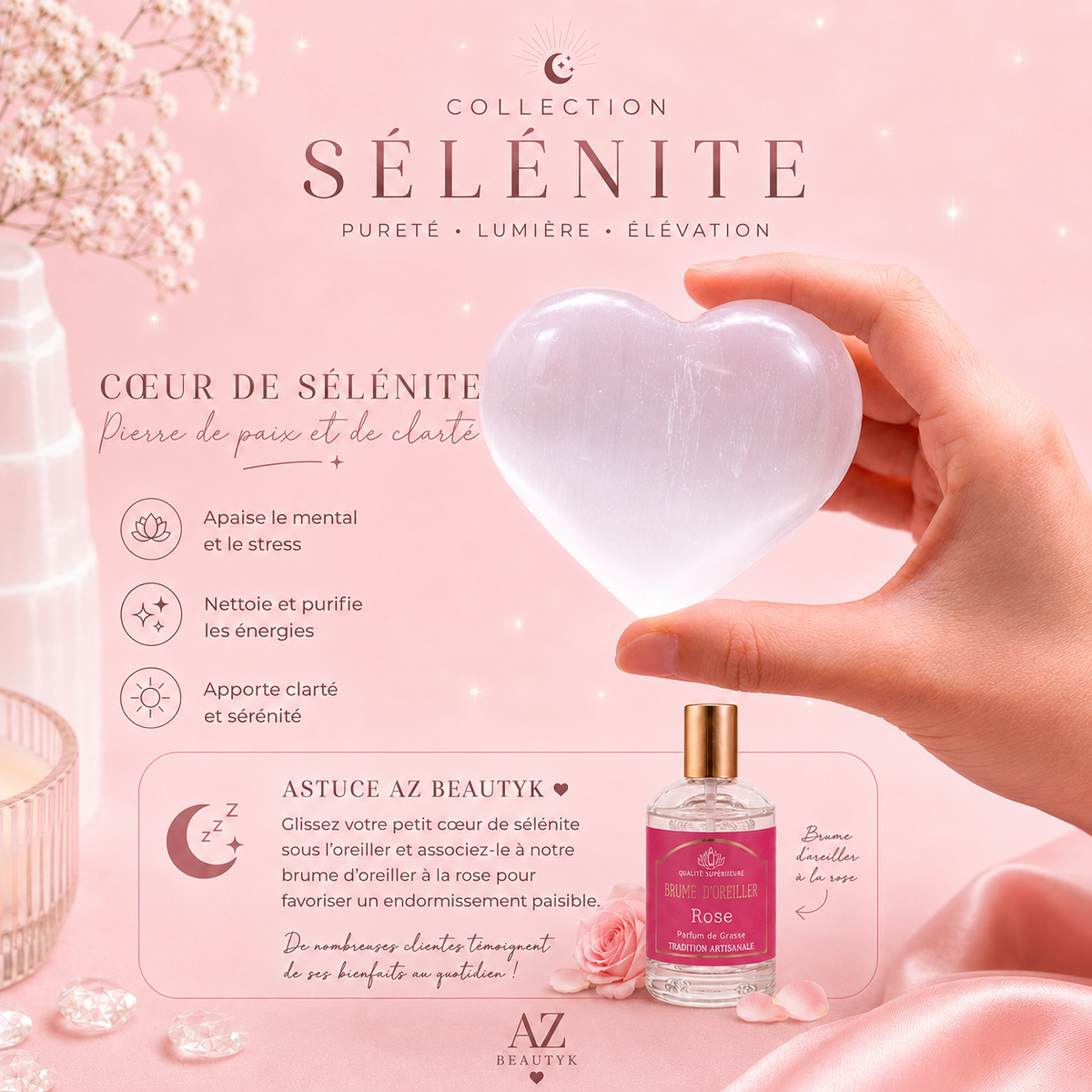 Cœur de sélénite polie - 4 tailles