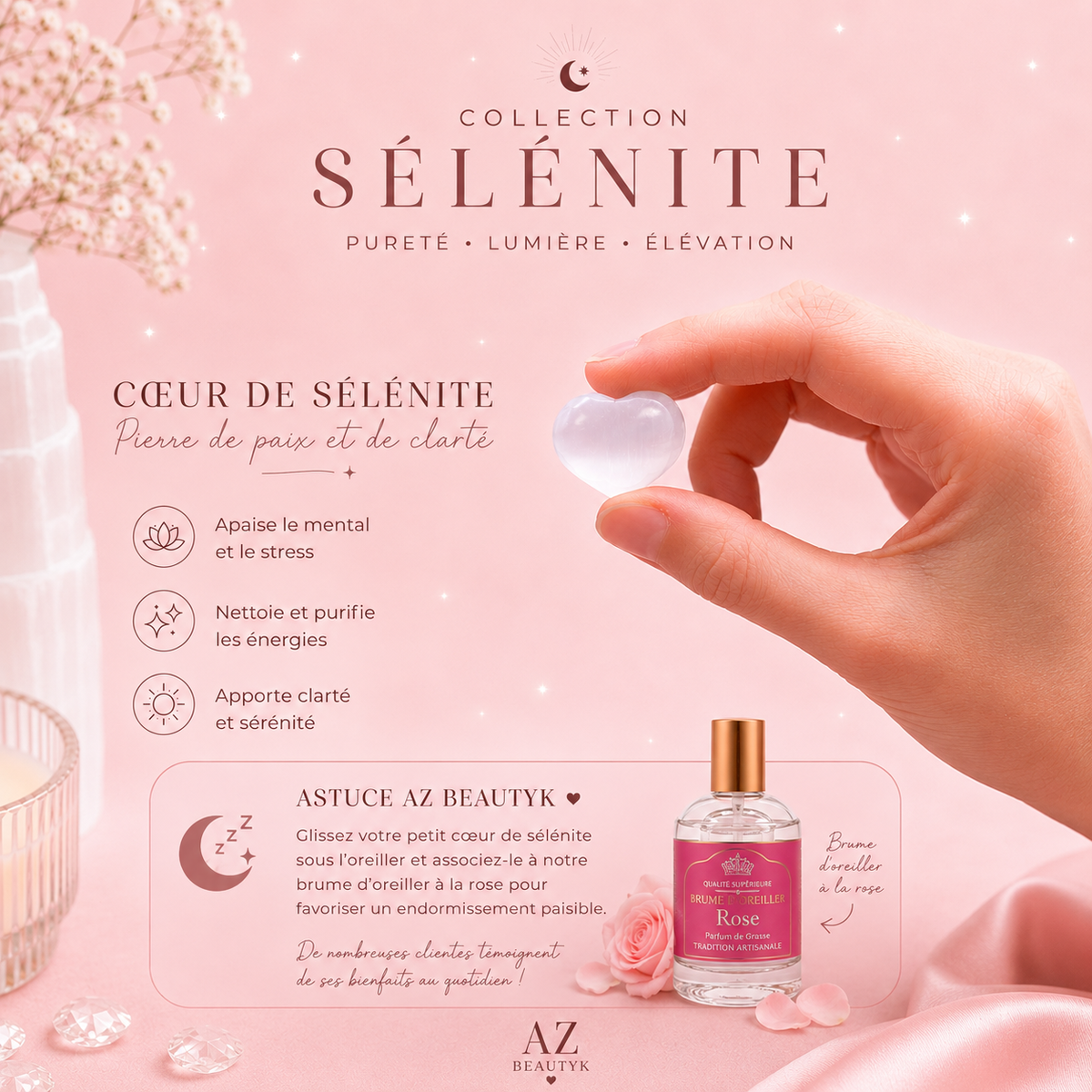 Cœur de sélénite polie - 4 tailles