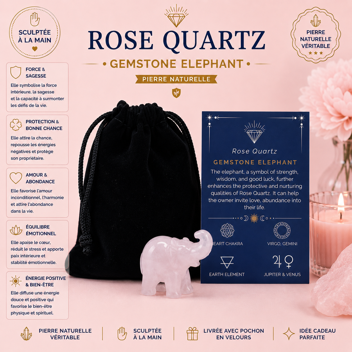 Éléphant porte-bonheur en pierres précieuses - 4 variantes