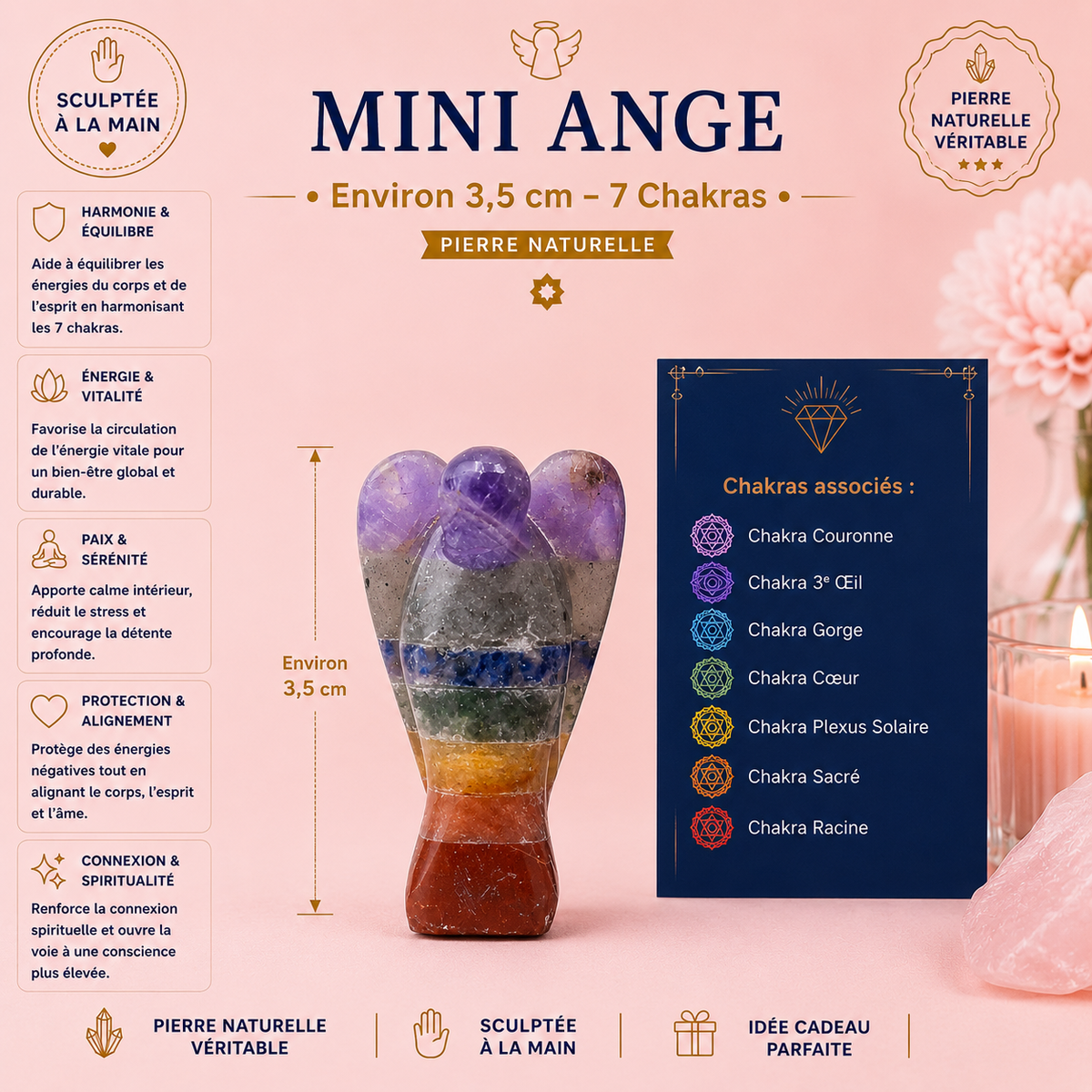 Mini Ange en pierre précieuse sculptée à la main - 7 chakras (2 tailles)