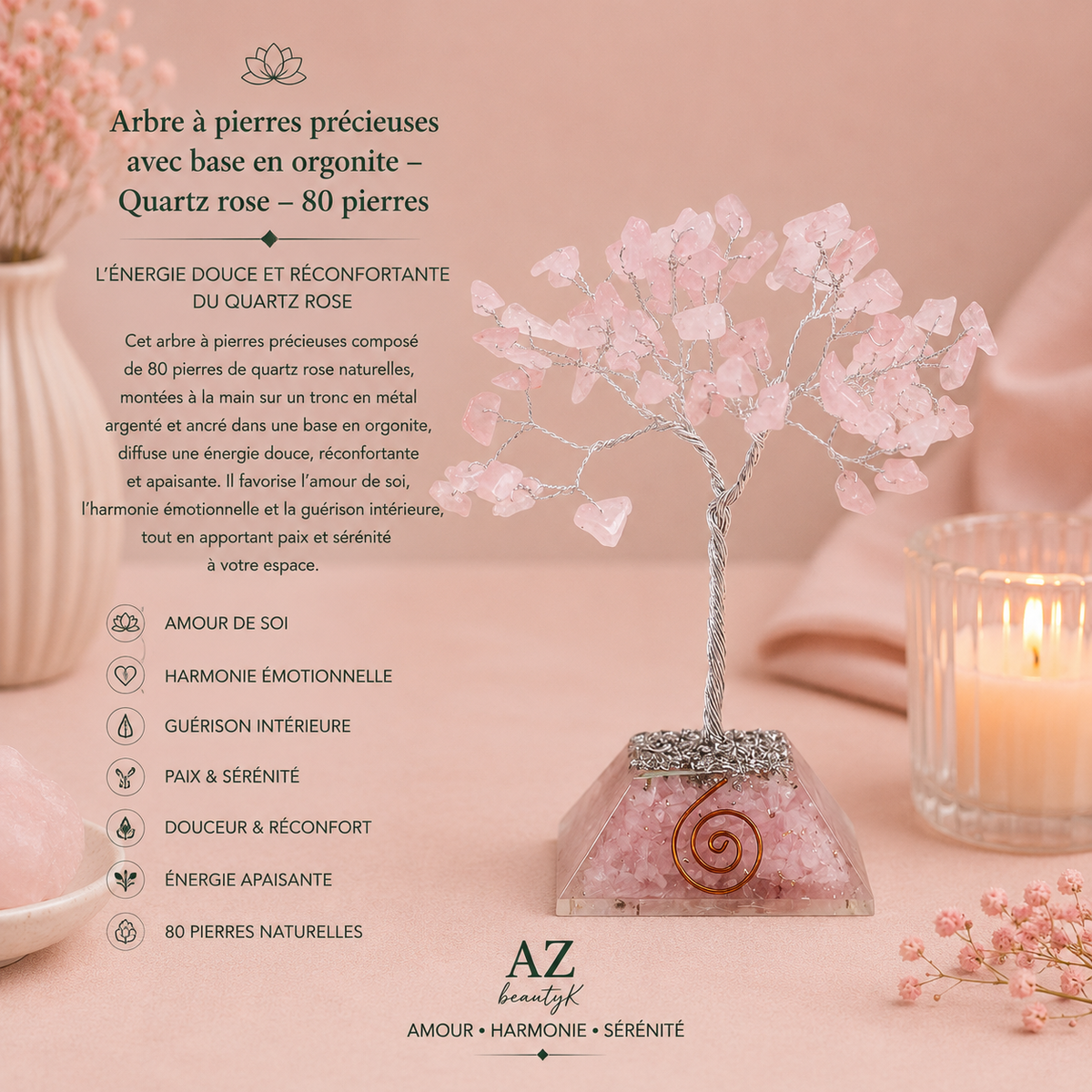 Arbre à pierres précieuses avec base en orgonite - Quartz rose - 3 tailles