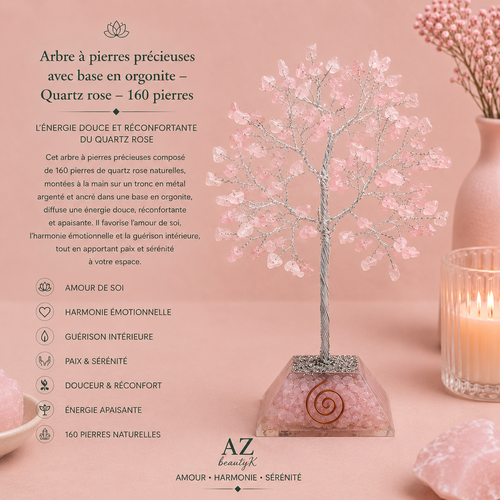 Arbre à pierres précieuses avec base en orgonite - Quartz rose - 3 tailles