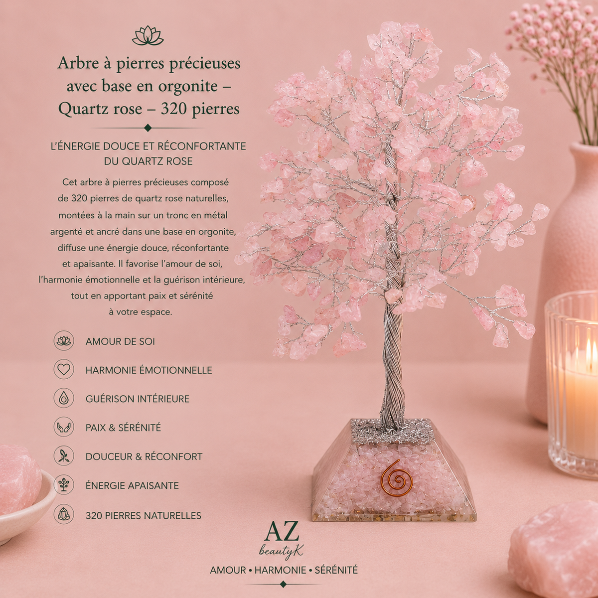 Arbre à pierres précieuses avec base en orgonite - Quartz rose - 3 tailles