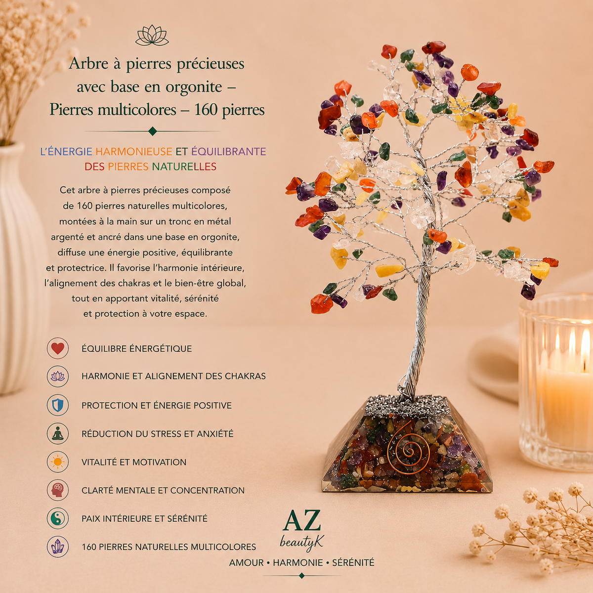 Arbre à pierres précieuses avec base en orgonite - Multi-pierres - 3 tailles