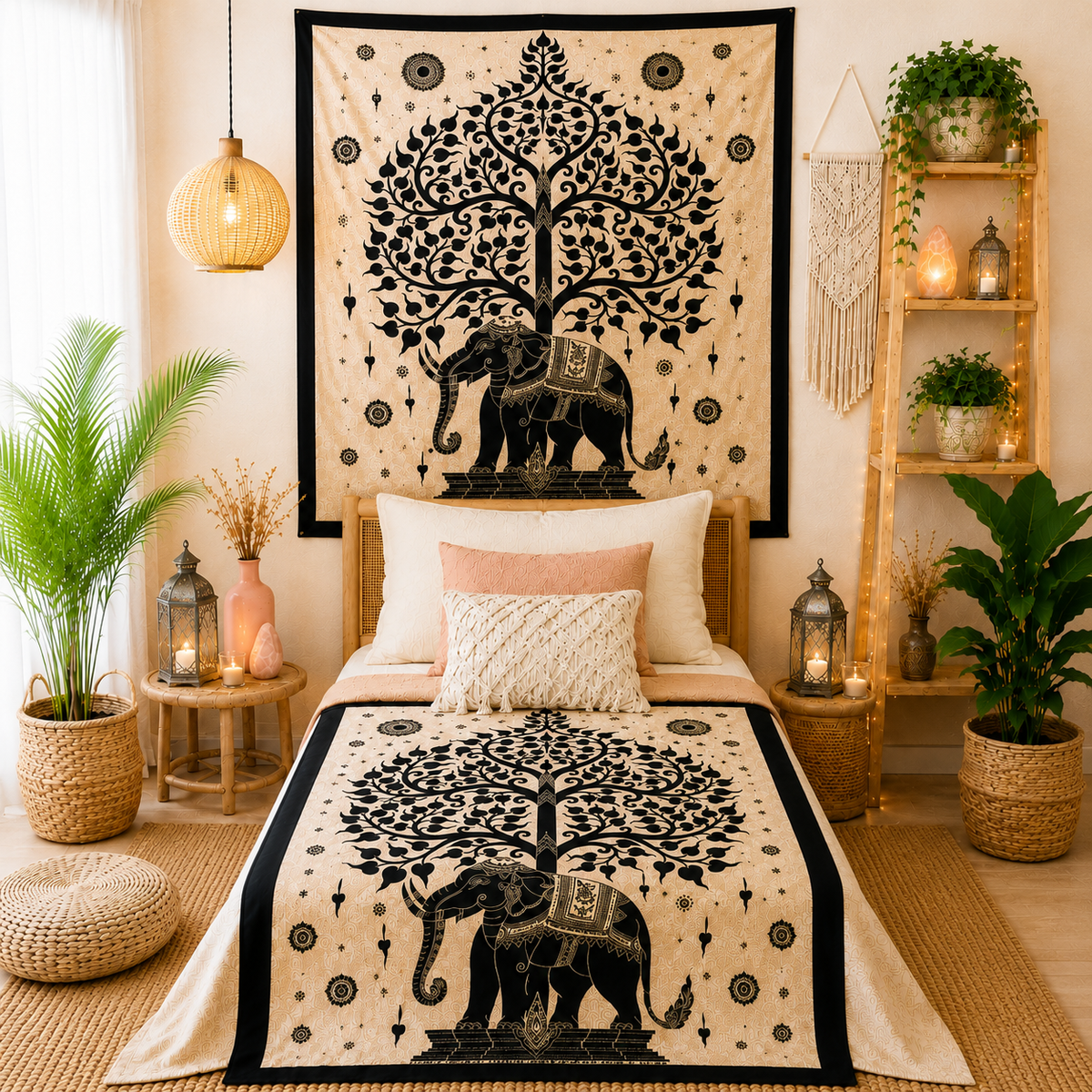 Couvre-lit ou Tenture murale en coton - Mono - L'Arbre à Éléphants (2 tailles)