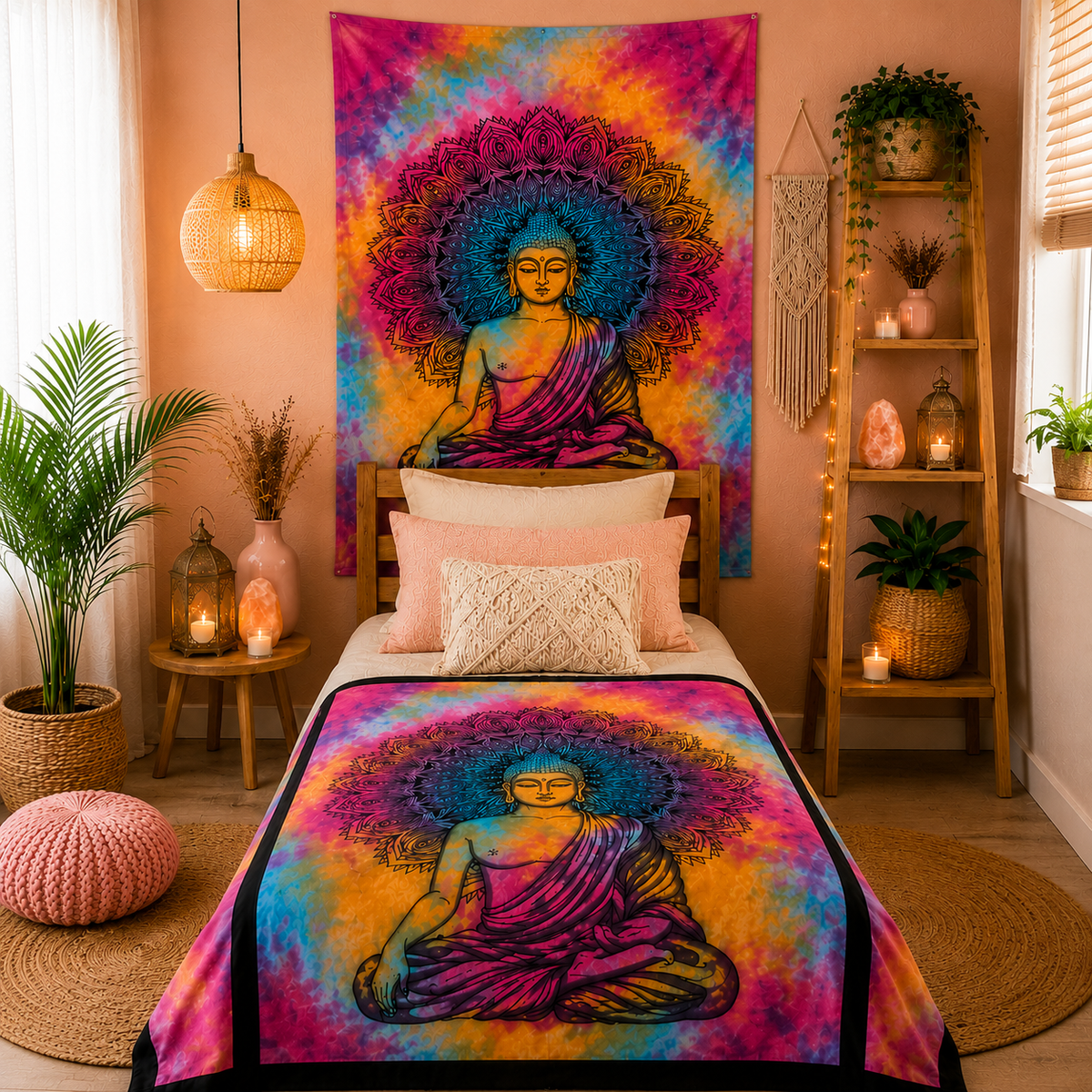 Couvre-lit ou Tenture murale en coton - Bouddha de paix (2 tailles)