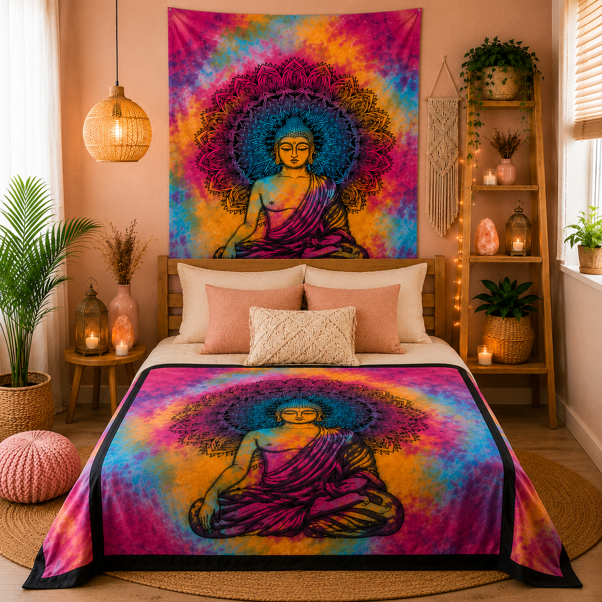 Couvre-lit ou Tenture murale en coton - Bouddha de paix (2 tailles)