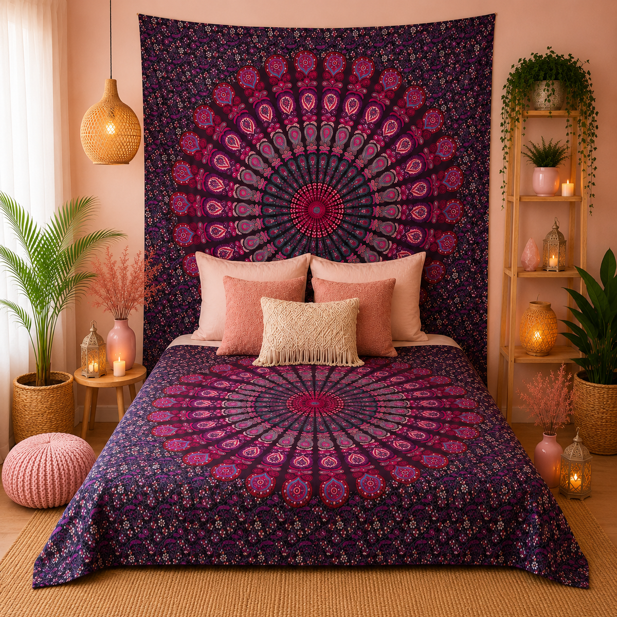 Couvre-lit ou Tenture murale en coton - Mandala de Paon - (200x230 cm)