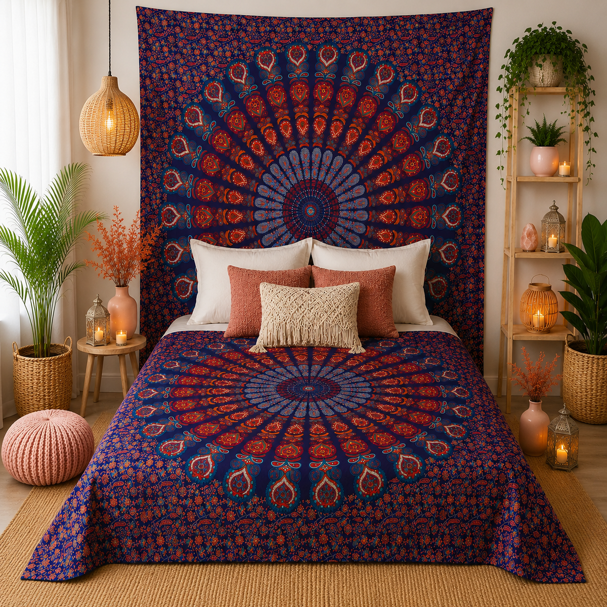 Couvre-lit ou Tenture murale en coton - Mandala de Paon - (200x230 cm)