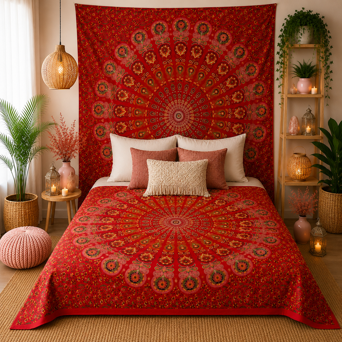 Couvre-lit ou Tenture murale en coton - Mandala de Paon - (200x230 cm)