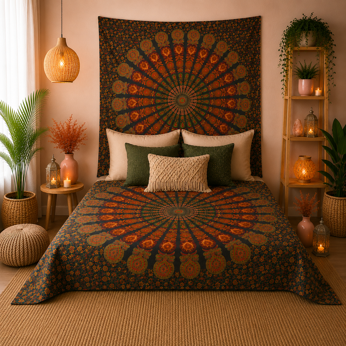 Couvre-lit ou Tenture murale en coton - Mandala de Paon - (200x230 cm)