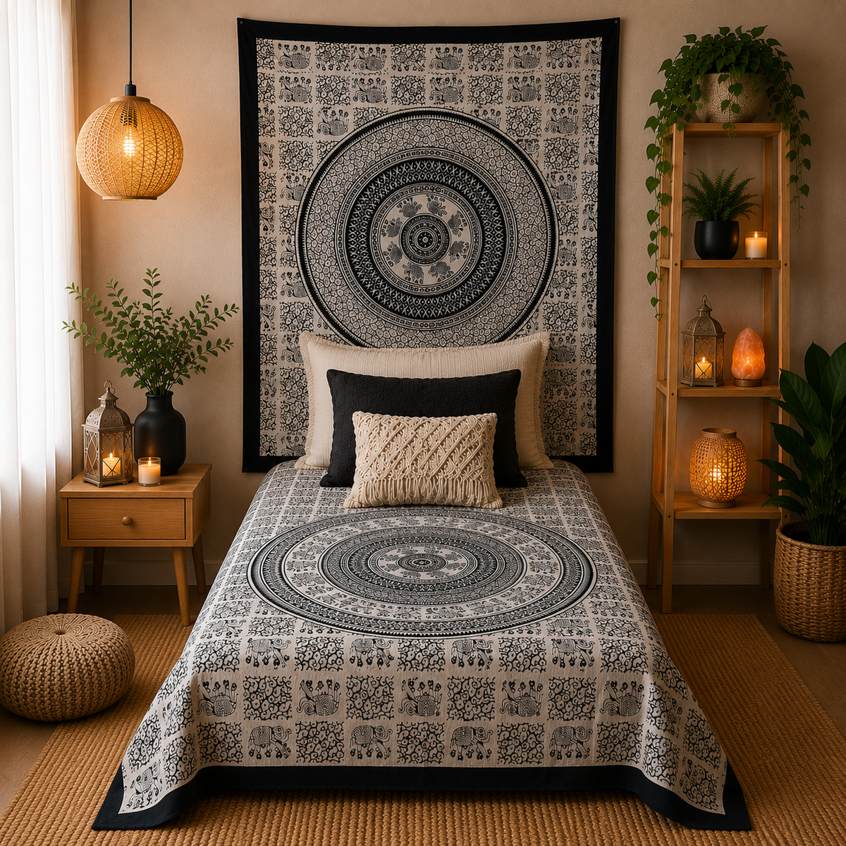Couvre-lit ou Tenture murale en coton - Mono - Éléphant Mandala (2 tailles)