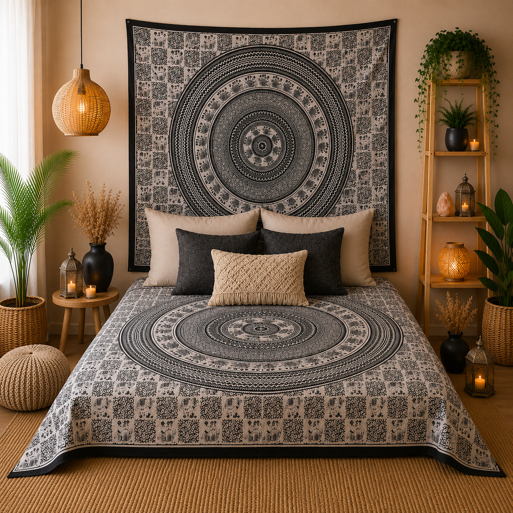 Couvre-lit ou Tenture murale en coton - Mono - Éléphant Mandala (2 tailles)