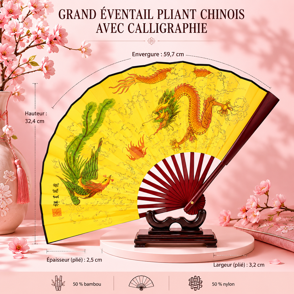 Grand éventail pliant chinois avec calligraphie - 6 modèles