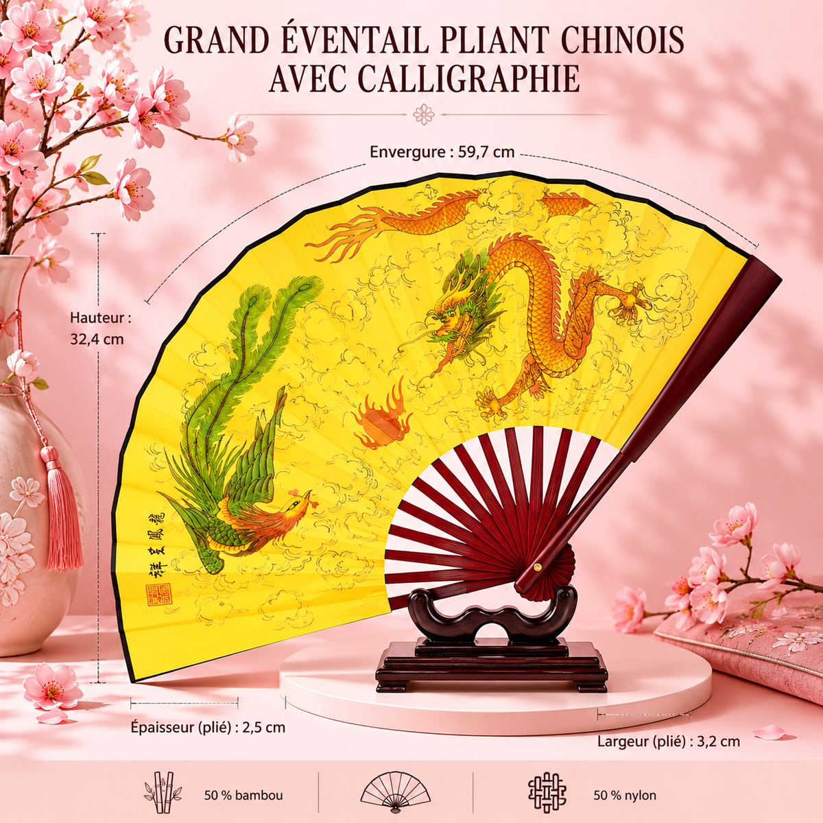 Grand éventail pliant chinois avec calligraphie - 6 modèles