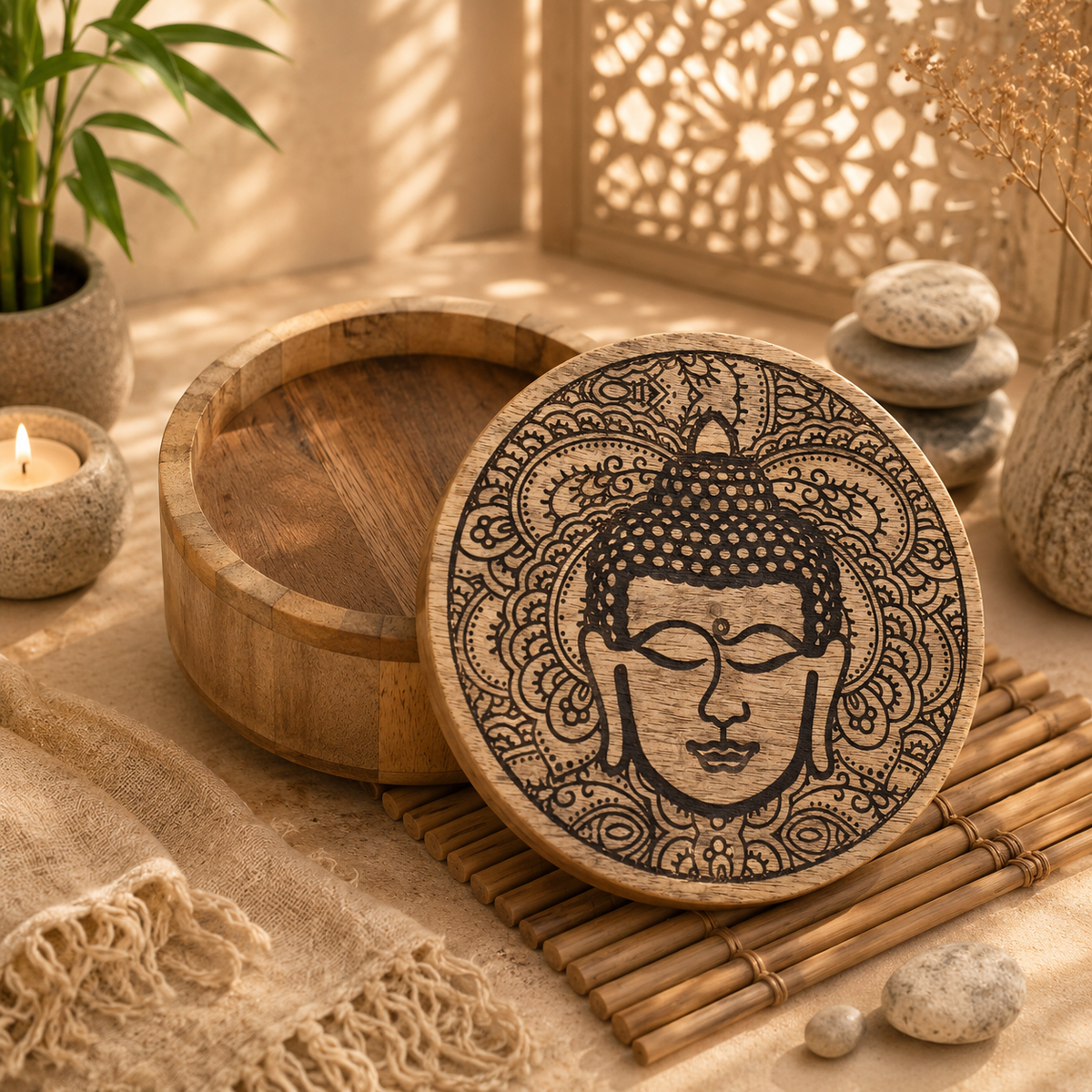 Grande boîte ronde en bois de manguier - 17,5 x 7,5 cm