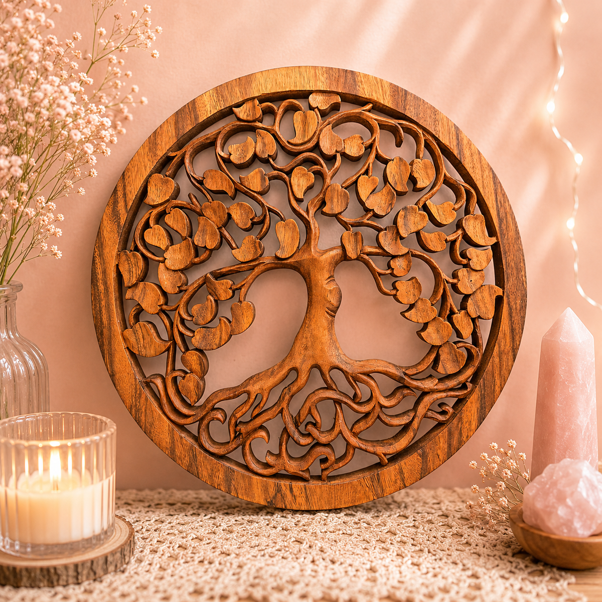 Panneau décoratif en bois sculpté balinais - Arbre de vie (3 variantes)