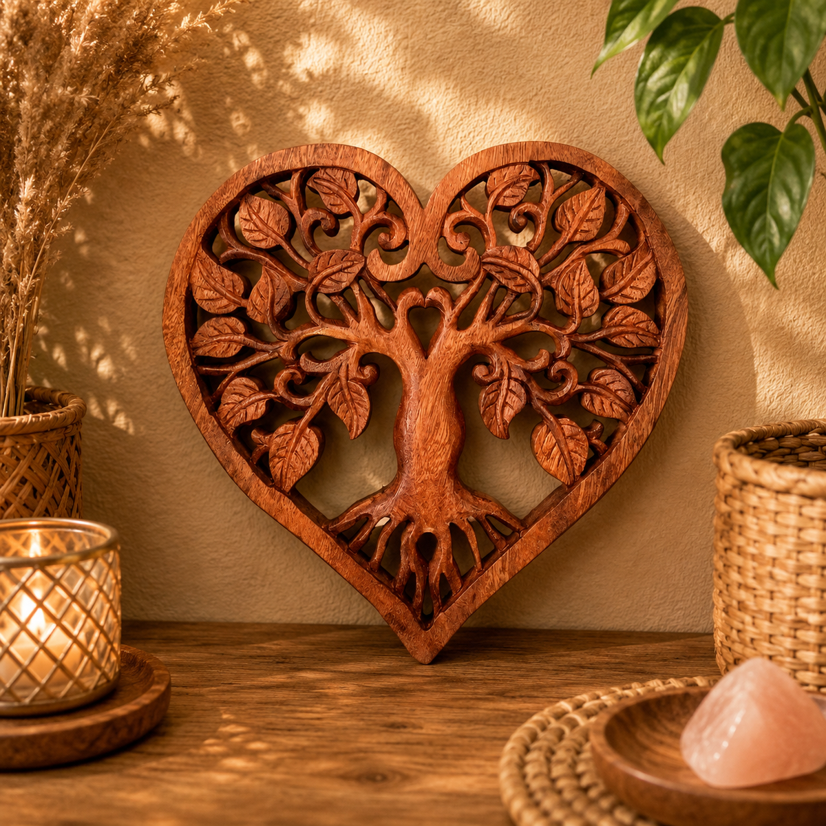 Panneau décoratif en bois sculpté balinais - Arbre de vie - Cœur (2 tailles)