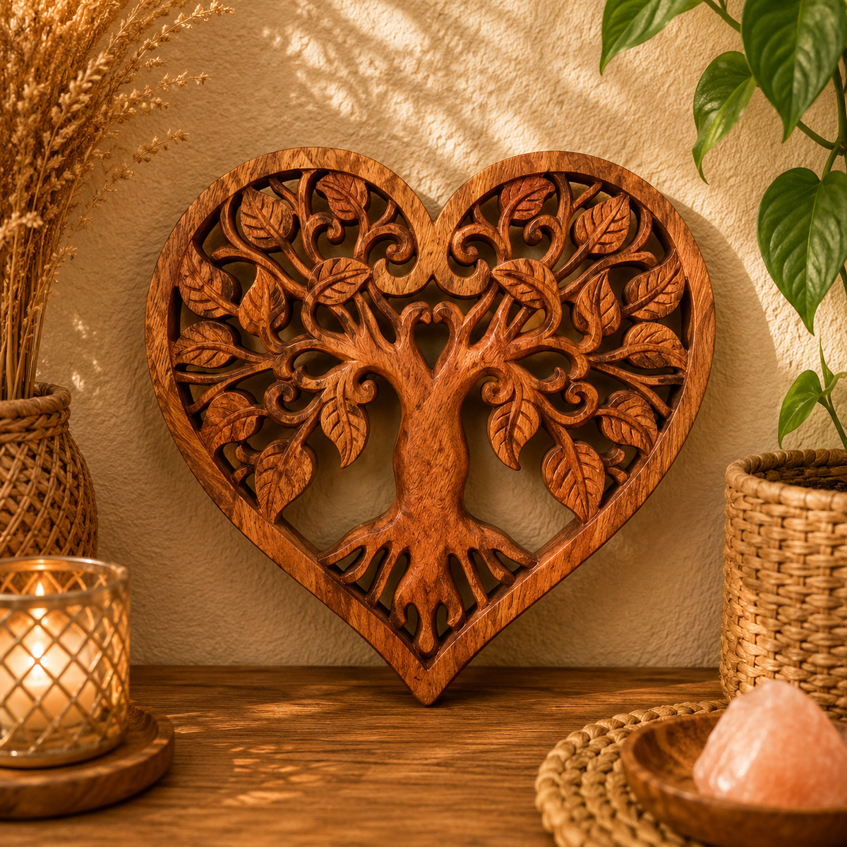 Panneau décoratif en bois sculpté balinais - Arbre de vie - Cœur (2 tailles)