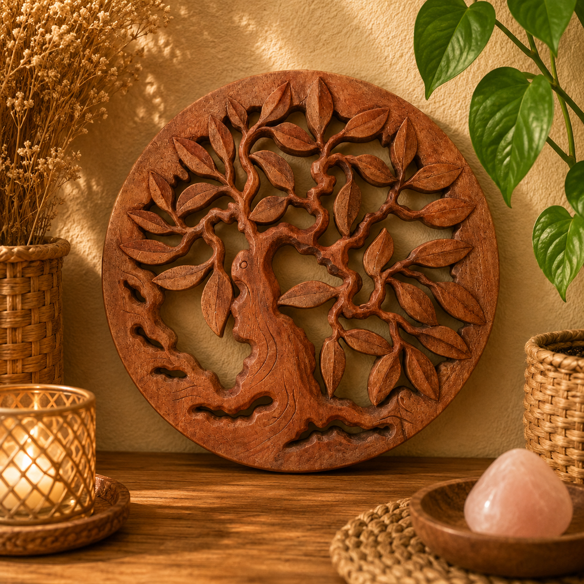 Panneau décoratif en bois sculpté balinais - Arbre de vie - Rond (2 tailles)
