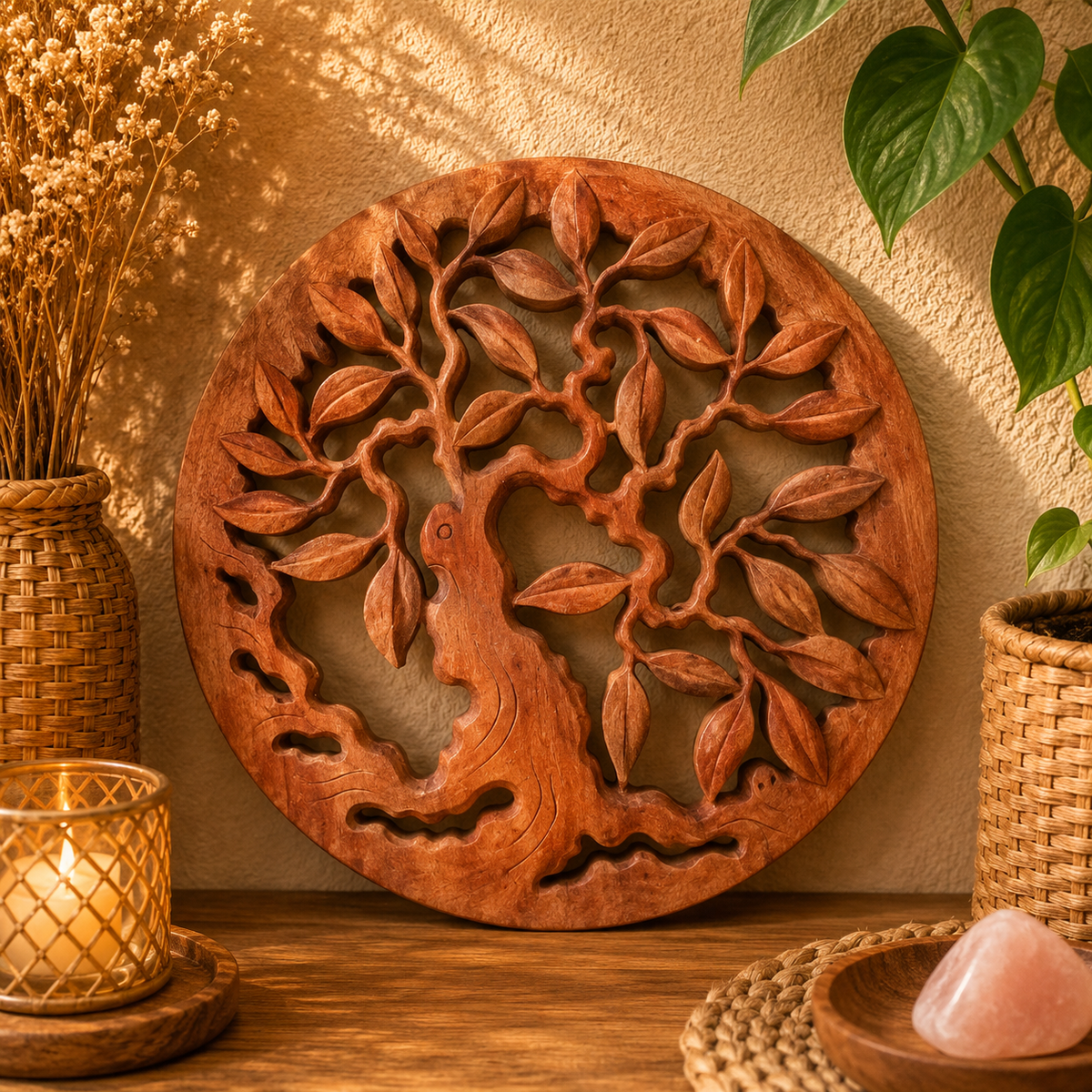 Panneau décoratif en bois sculpté balinais - Arbre de vie - Rond (2 tailles)