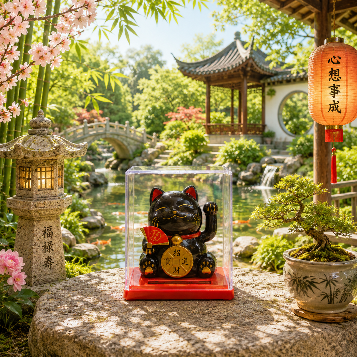 Mini Maneki neko solaire en boîte (plusieurs variantes)
