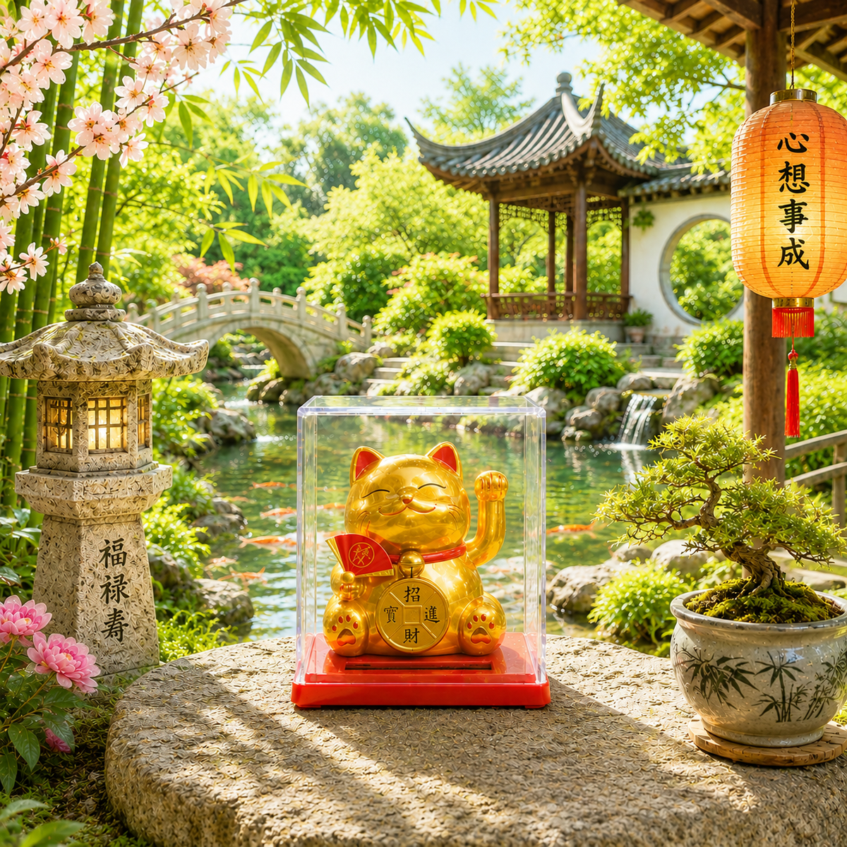 Mini Maneki neko solaire en boîte (plusieurs variantes)
